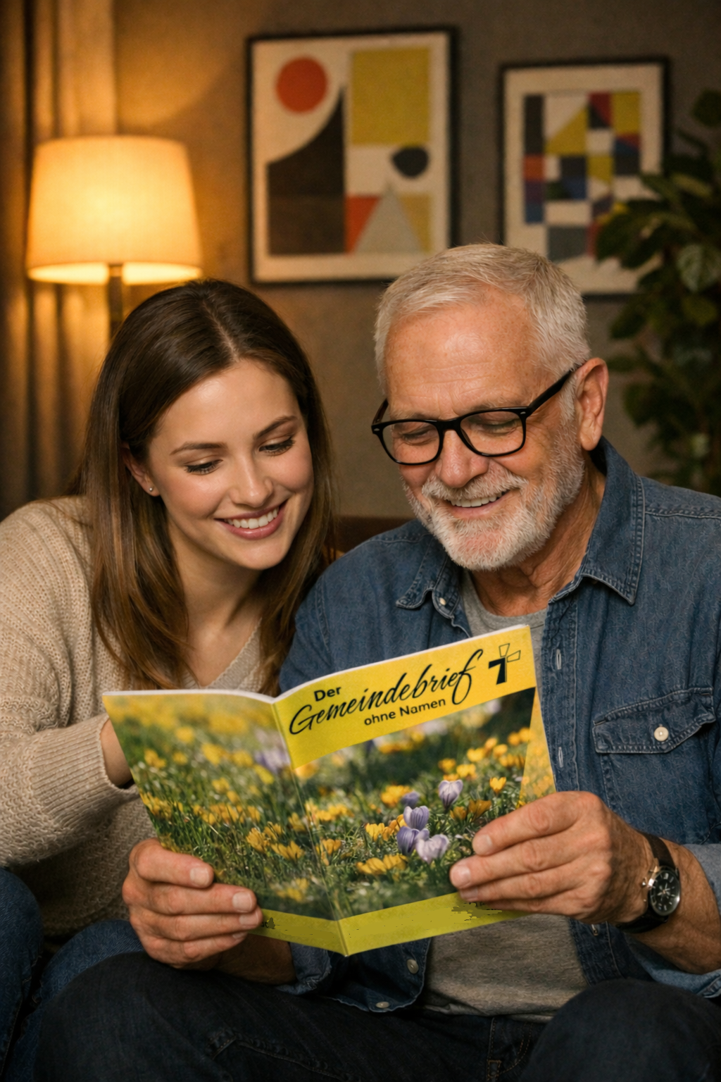 Eine jüngere Frau und ein älterer Mann schauen gemeinsam in den neuen Gemeindebrief des Braunschweiger Südens.